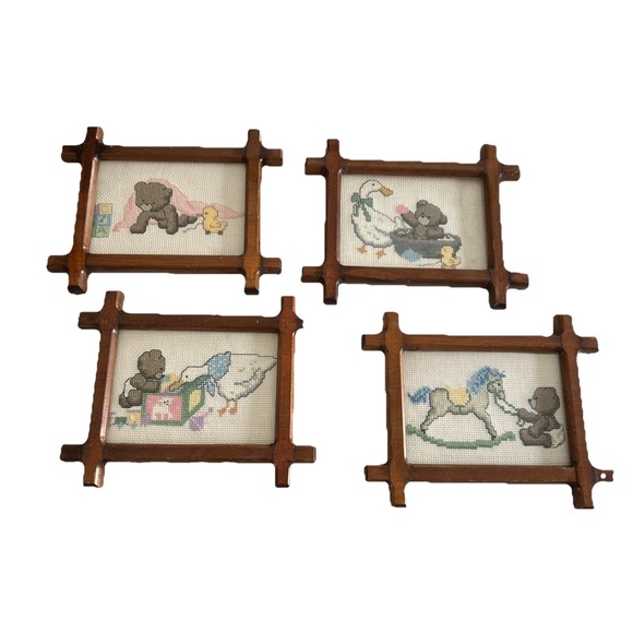 Vintage Framed Counted Cross Stitch Baby Bear Set Of 4‎ Nursery Unisex Handmade! - Picture 1 of 5